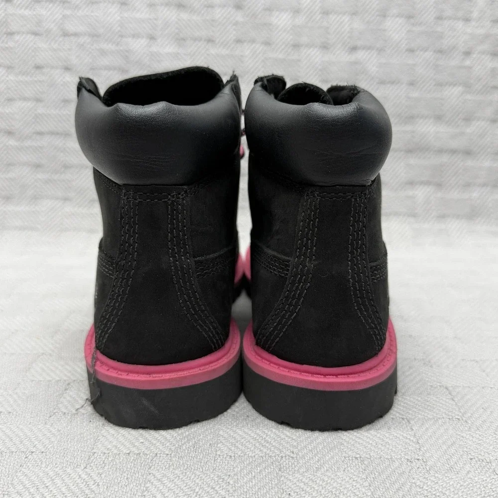Timberland Combat Boots Girls Size 12 Black Pink Waterproof Nubuck‎ Hearts A15M9